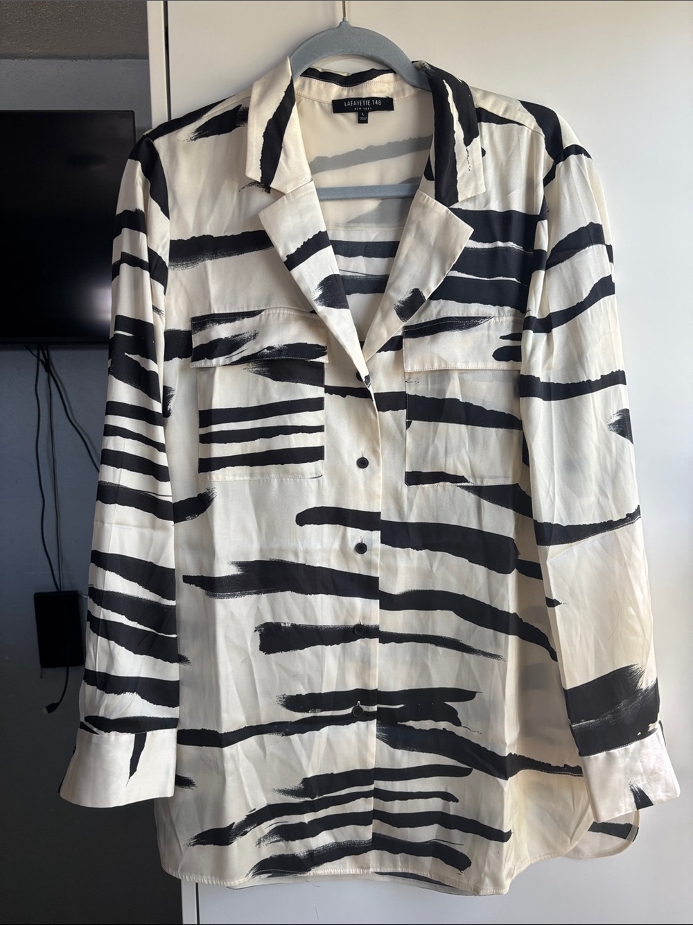 Lafayette 148 New York Black and White Brushstroke Button-Down Shirt